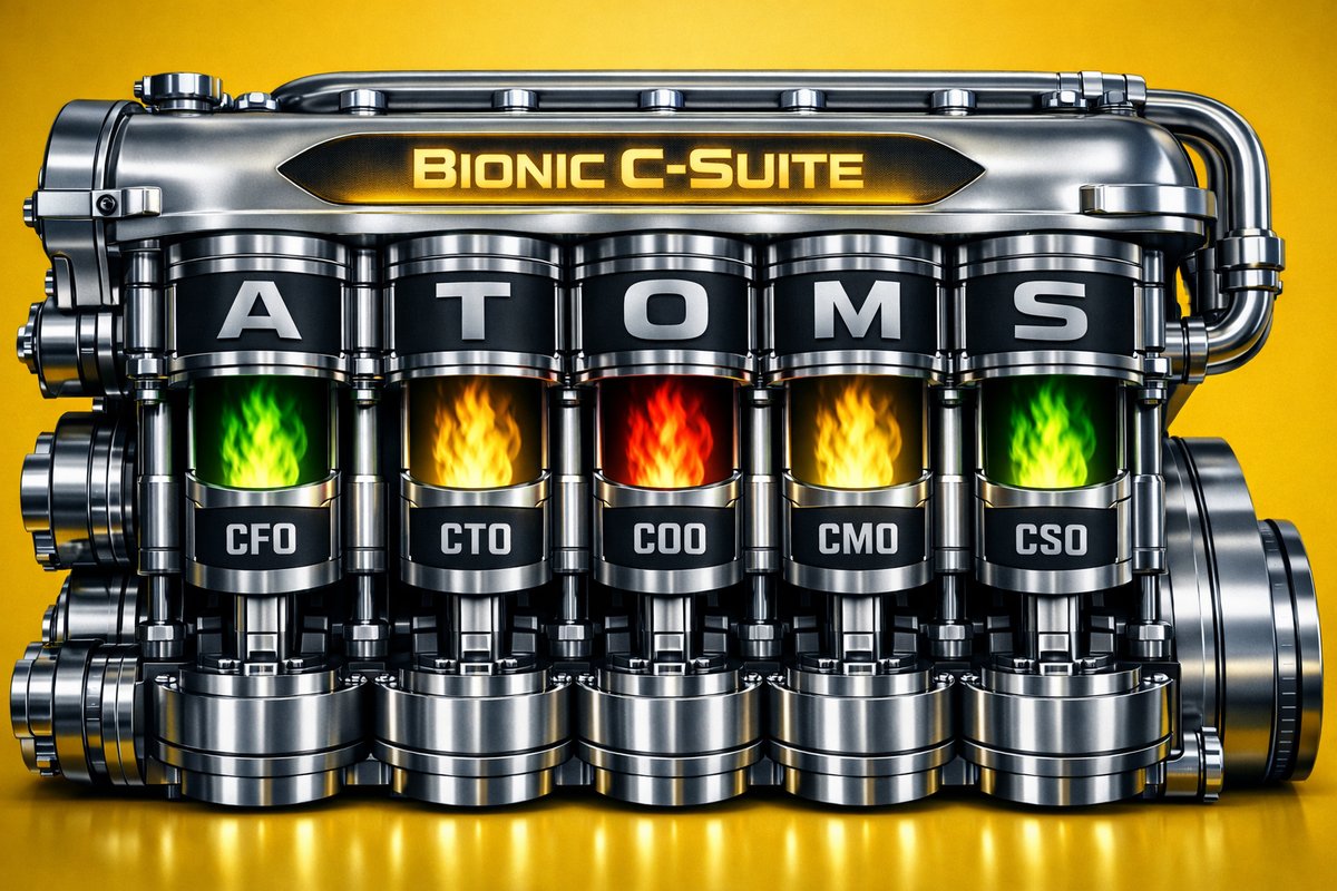 The ATOMS Bionic Business Engine, five cylinders labeled A T O M S.